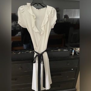 Wrap Summer Dress. White with small black polka dots.